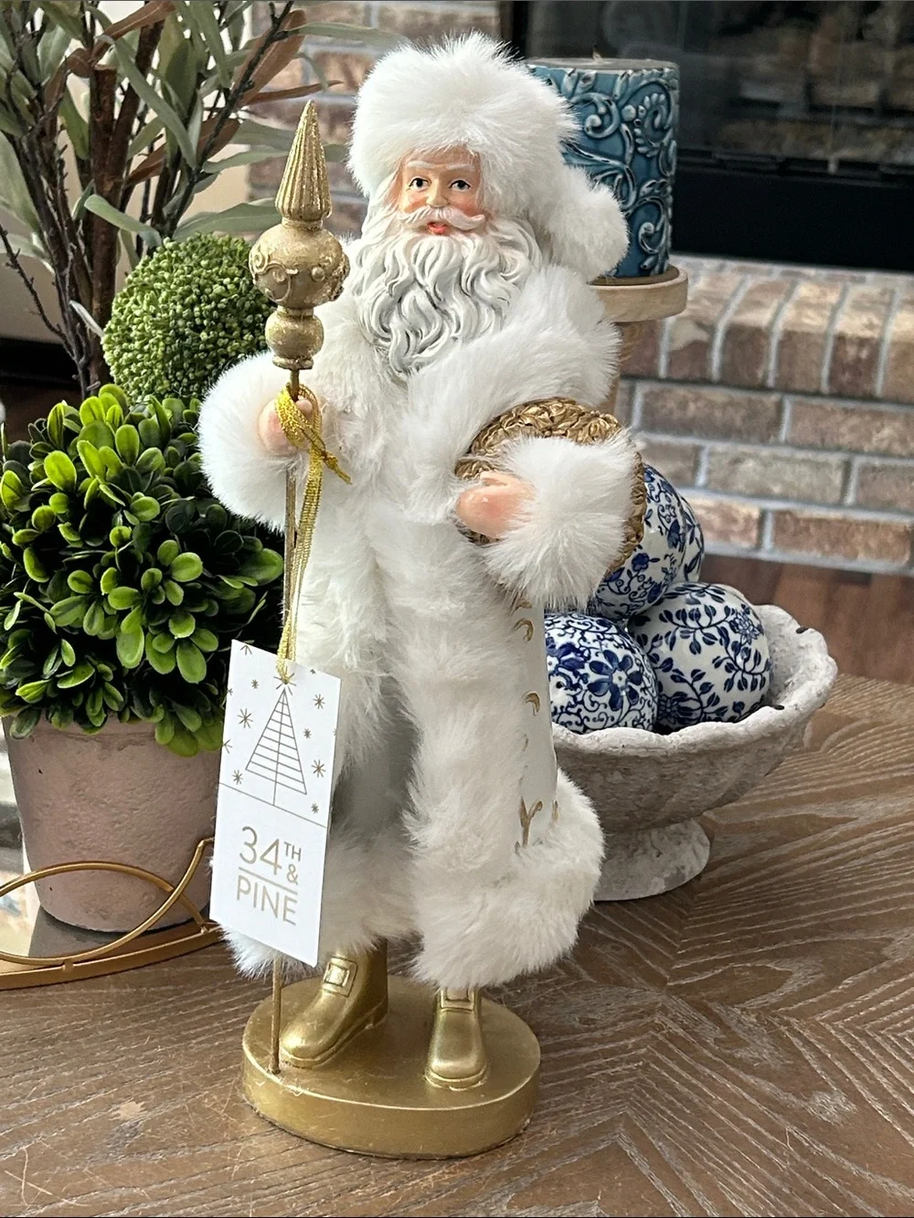 NEW! Vintage Inspired Shabby Chic Faux Fur White & Gold Santa Figurine